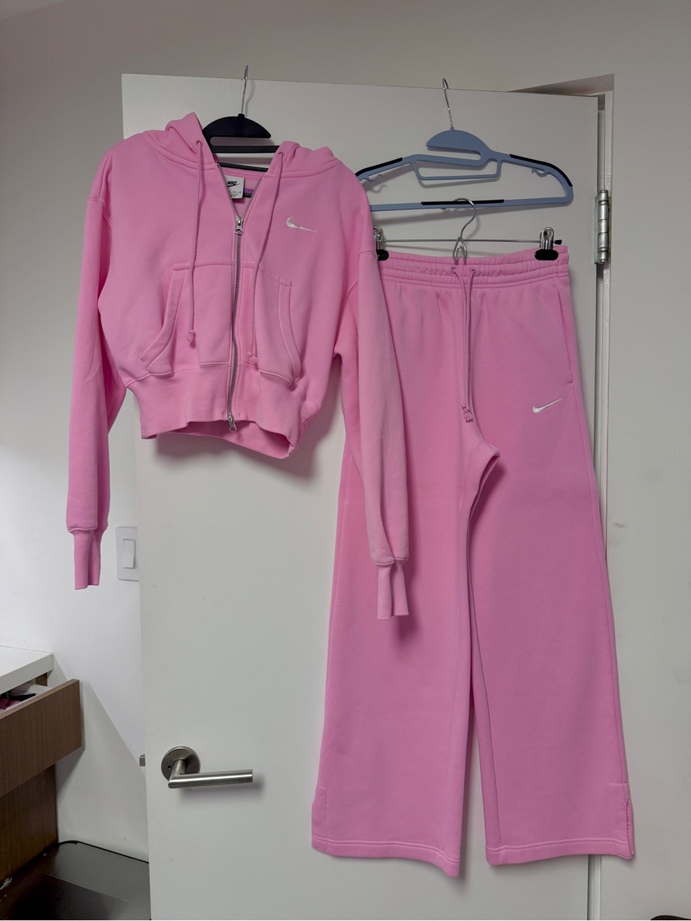 Nike Phoenix Fleece Pink Set Zip Up Crop Hoodie & Wide Leg Joggers Sweatpants XS